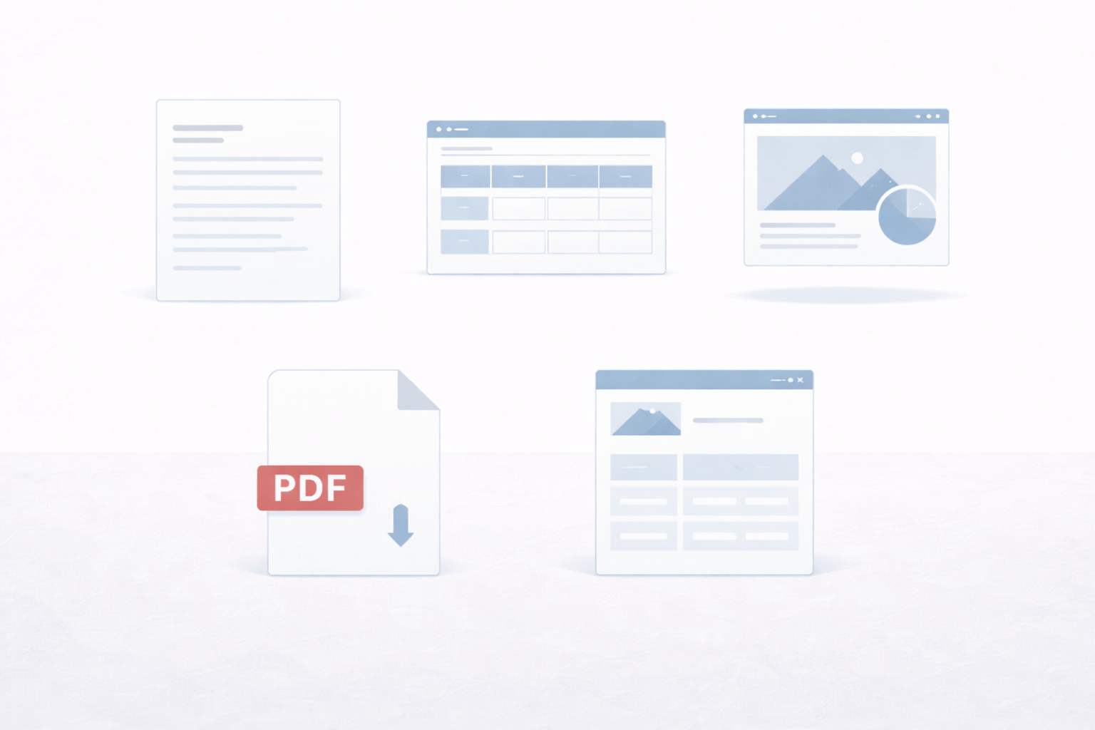 Business document formats including text documents, spreadsheets, presentations, and PDFs