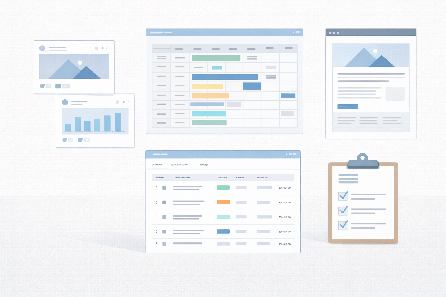 Illustration showing routine digital marketing support tasks such as posting, campaigns, website updates, and lead handling